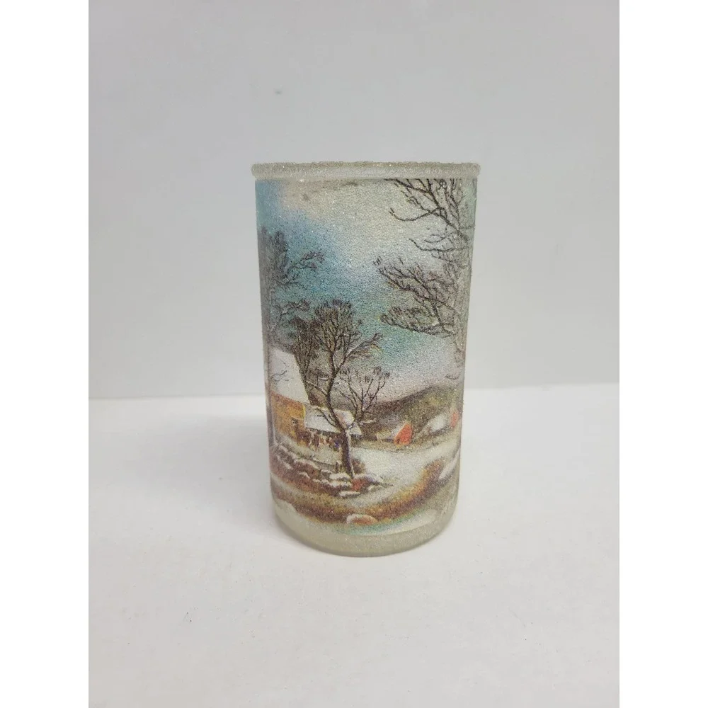 Vintage‎ Danzas Frosted Glass Winter Scene Sugary Glitter Candle Holder Vase